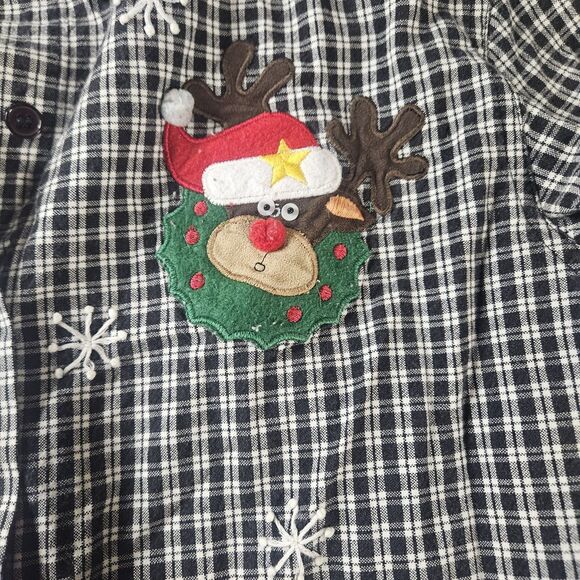 Vintage Women S Christmas Button Up Black White Plaid Reindeer Santa Embroidered - Picture 5 of 13